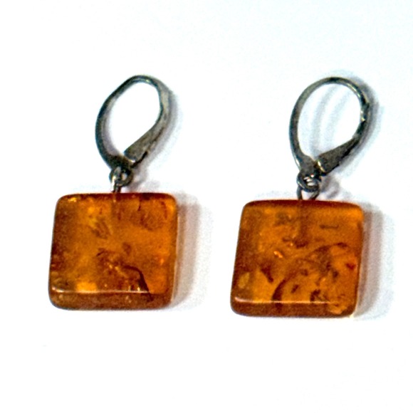 Vintage Natural Amber Square Dangle Earrings Leverback Silver Gemstone Jewelry - Picture 8 of 16